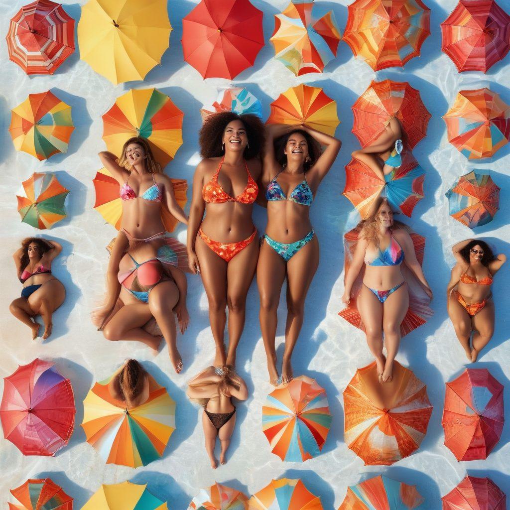 A sun-soaked beach scene featuring diverse women of all body types confidently wearing stylish two-piece bikinis, enjoying the summer vibes with laughter and joy, surrounded by colorful beach umbrellas and crystal-clear waves. Include a vibrant sunset backdrop casting a warm glow, highlighting the swimsuits' bold patterns and colors. super-realistic. vibrant colors. summer theme.