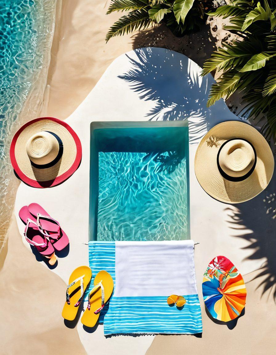 A sunny beach scene transitioning into a luxurious poolside setting, featuring stylish beach towels, oversized sunglasses, chic hats, and colorful flip-flops scattered around. Include vibrant bikinis hanging on a clothesline, in the foreground, with tropical plants and sparkling water in the background. The overall mood should be fun and relaxed, capturing the essence of summer leisure. super-realistic. vibrant colors. bright sunlit setting.